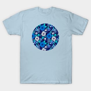 Blue Scandinavian flowers and birds T-Shirt